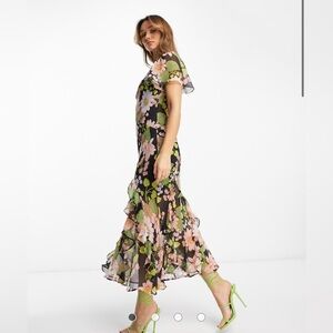 ASOS chiffon asymmetric waist midi dress with frill hem in black daisy floral